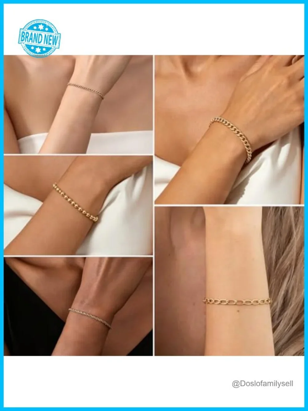 14K Gold Plated Waterproof Stackable Bracelet Set - 5 Pack Adjustable Link